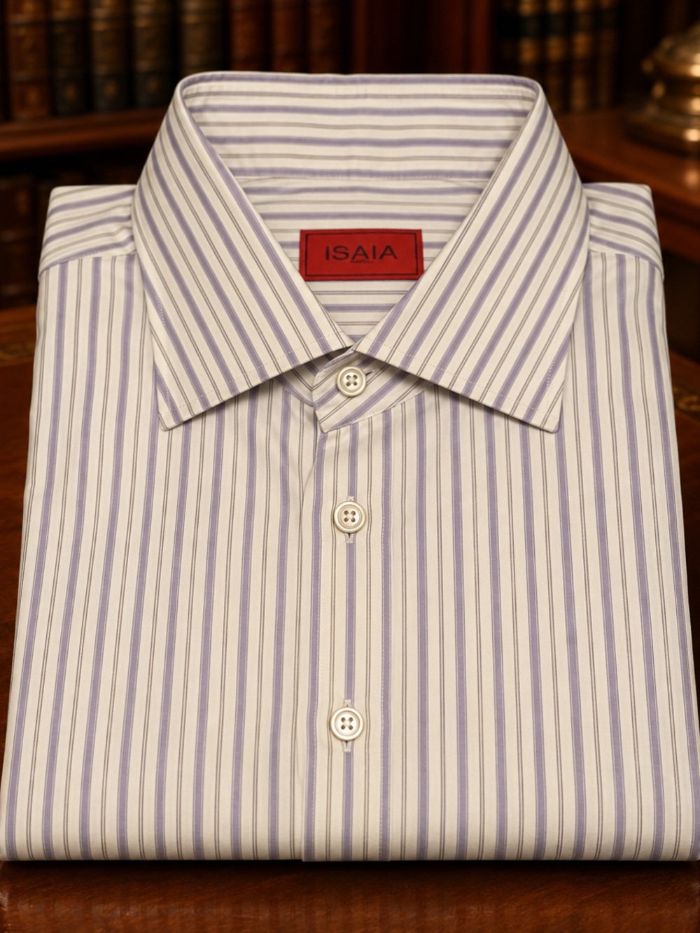 Isaia Men's White Dress Shirt with Light Purple Stripes